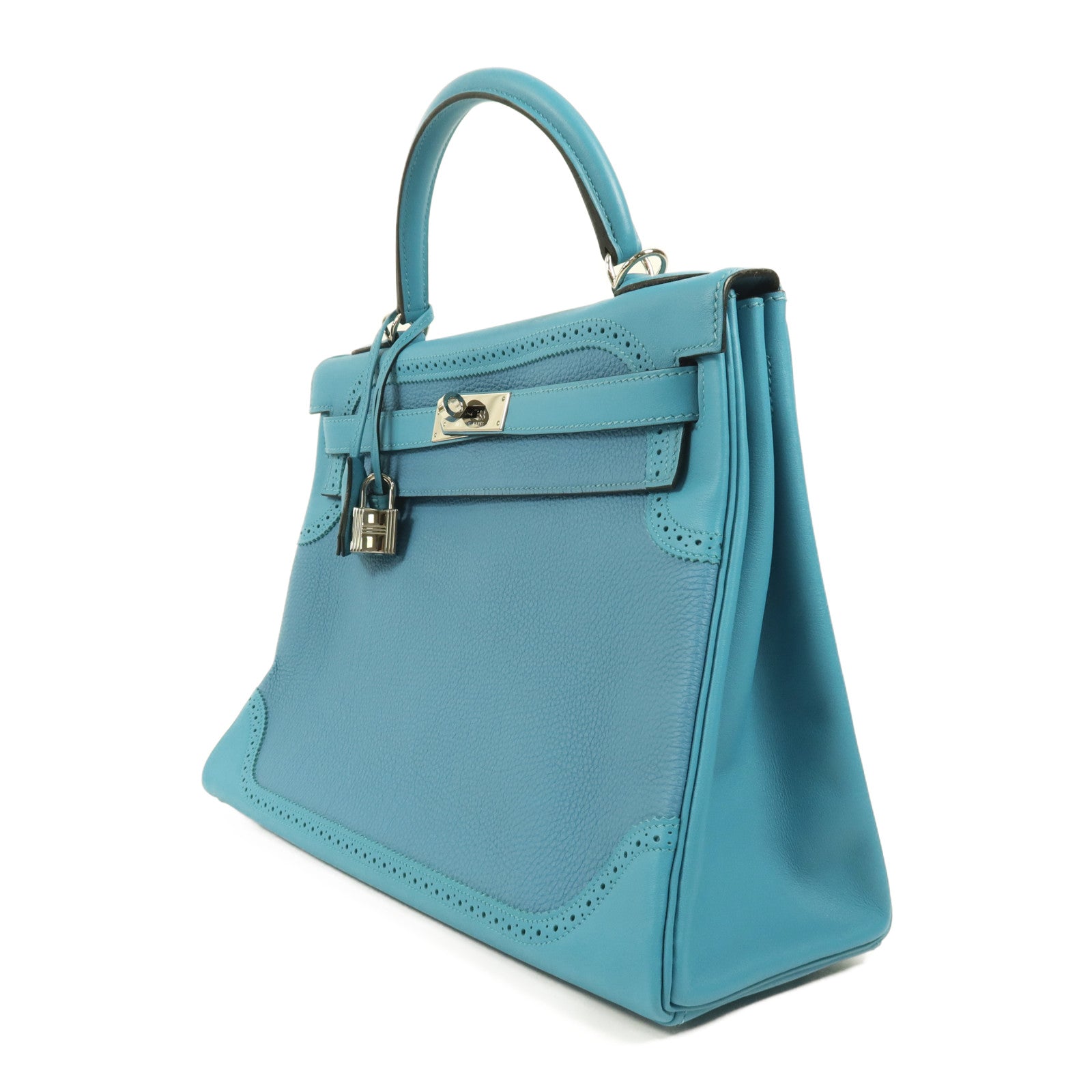 HERMES Togo皮革/Swift皮革Kelly Ghillies 32銀扣手挽肩背兩用袋Turquoise