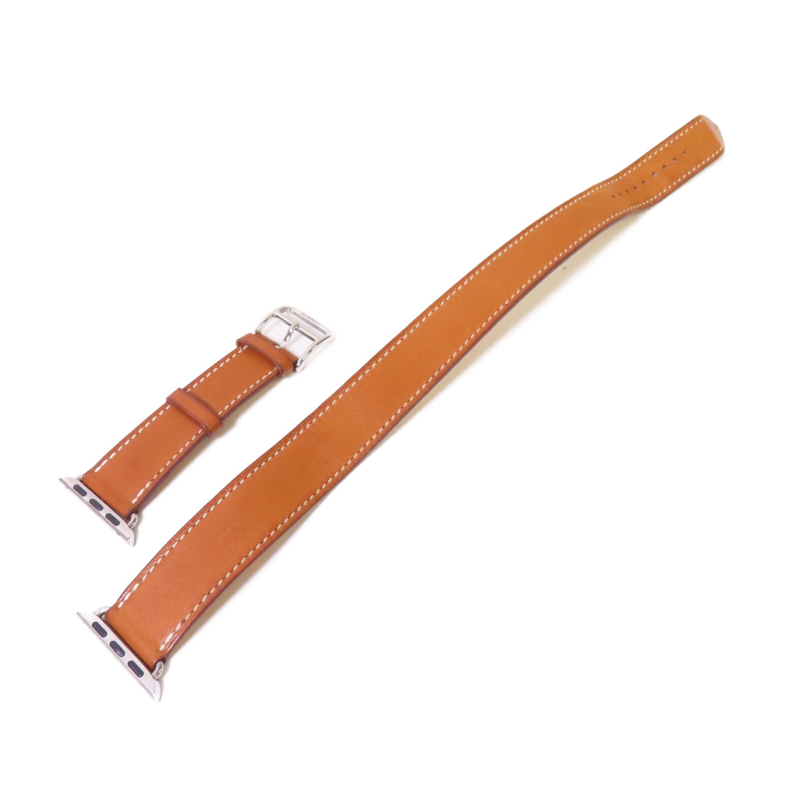 HERMES 【激減優惠】牛皮皮革Apple Watch Band Double Tour for Series 7 38mm Case銀扣手錶帶啡色