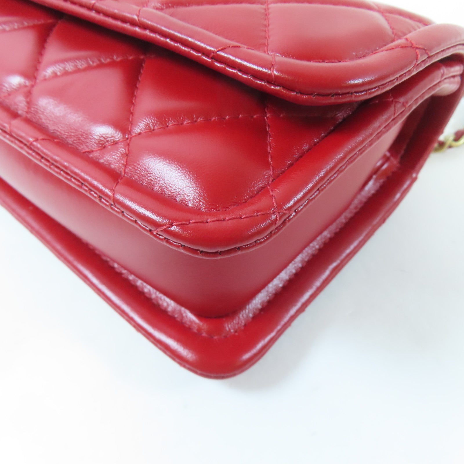 CHANEL 菱格羊皮皮革Chain Shoulder金扣鏈帶肩背袋紅色