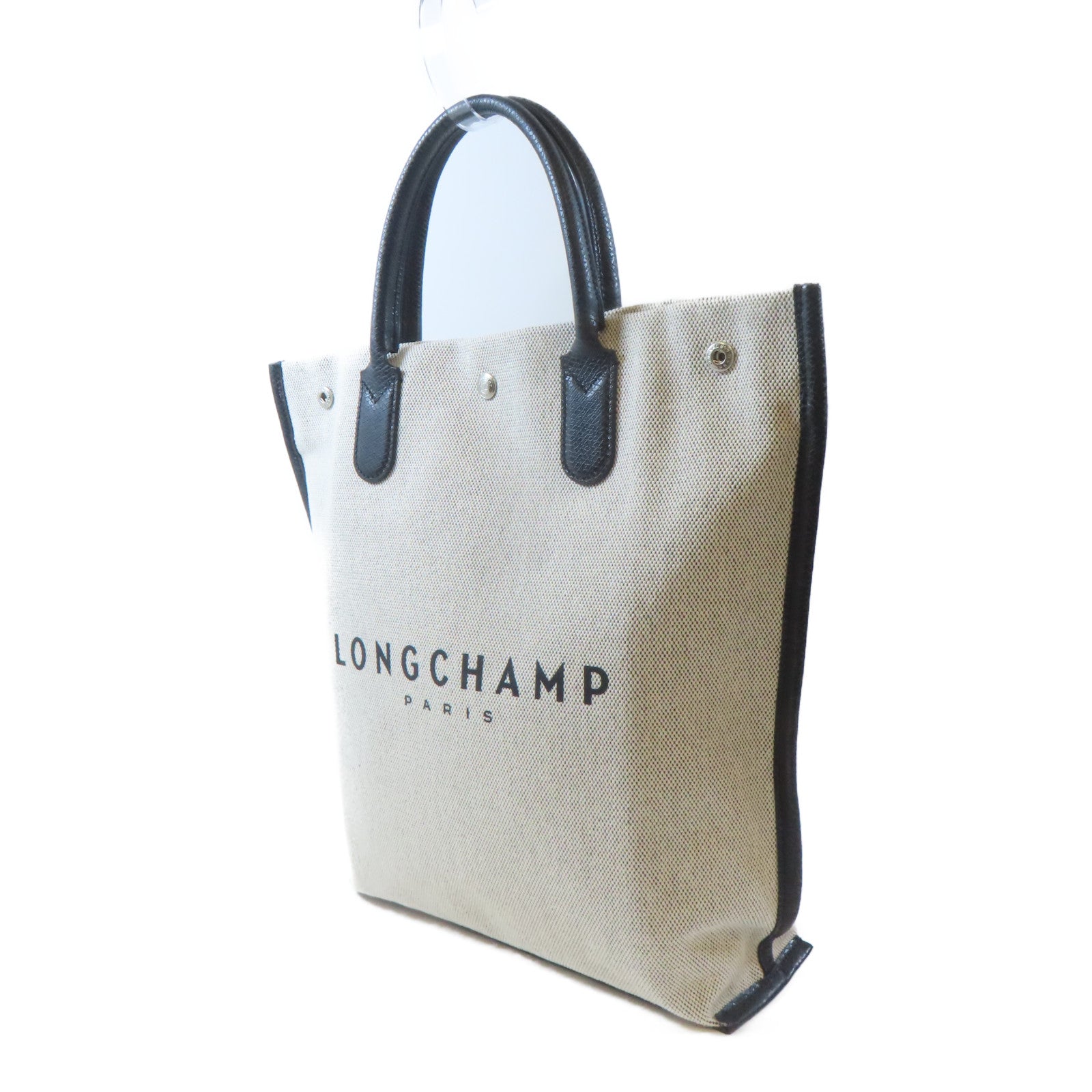 Longchamp 帆布Tote Bag銀扣手挽袋白色/黑色