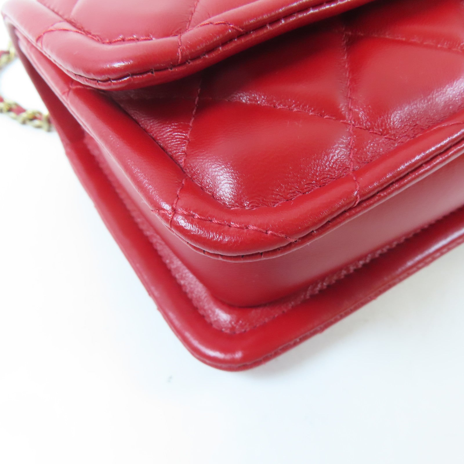 CHANEL 菱格羊皮皮革Chain Shoulder金扣鏈帶肩背袋紅色