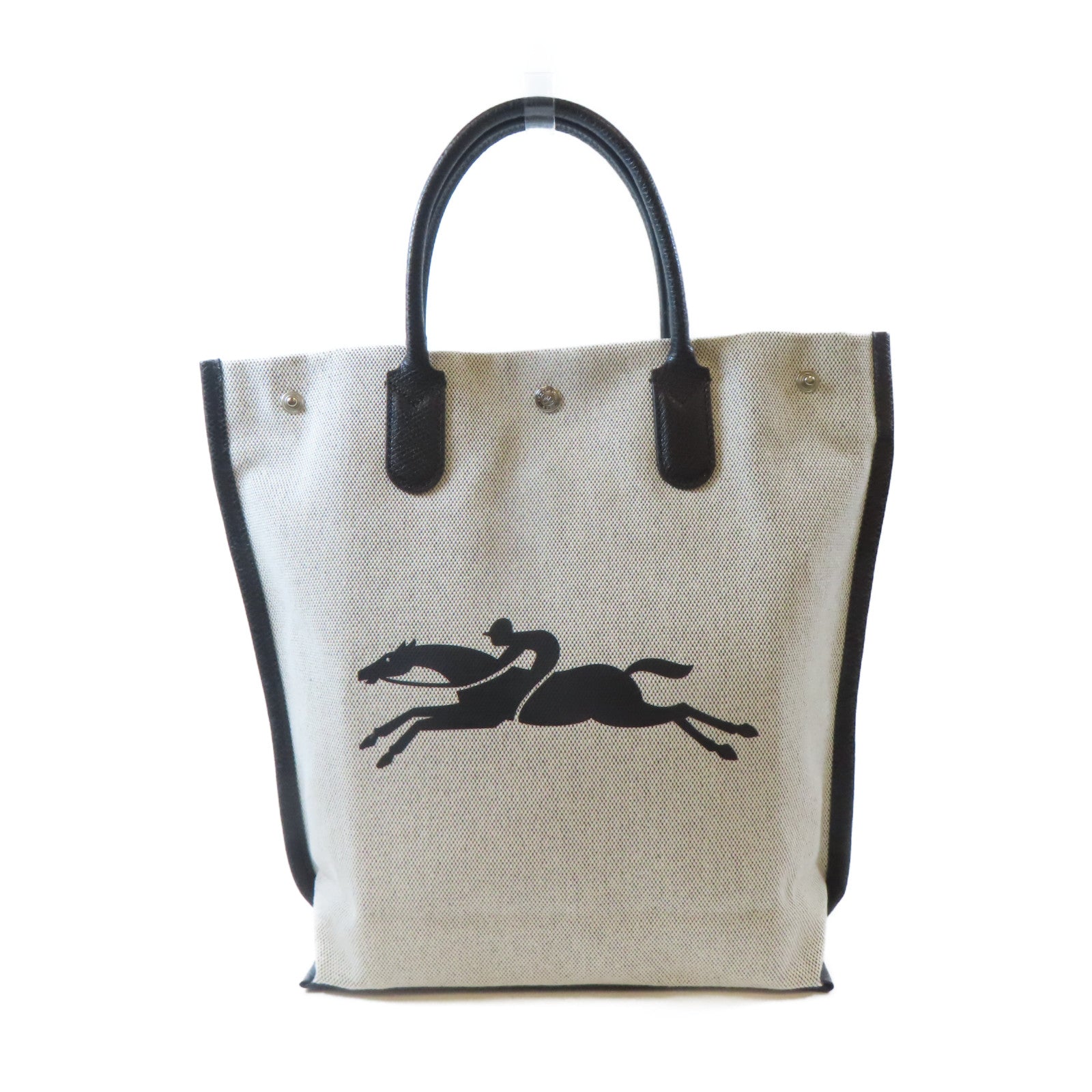 Longchamp 帆布Tote Bag銀扣手挽袋白色/黑色