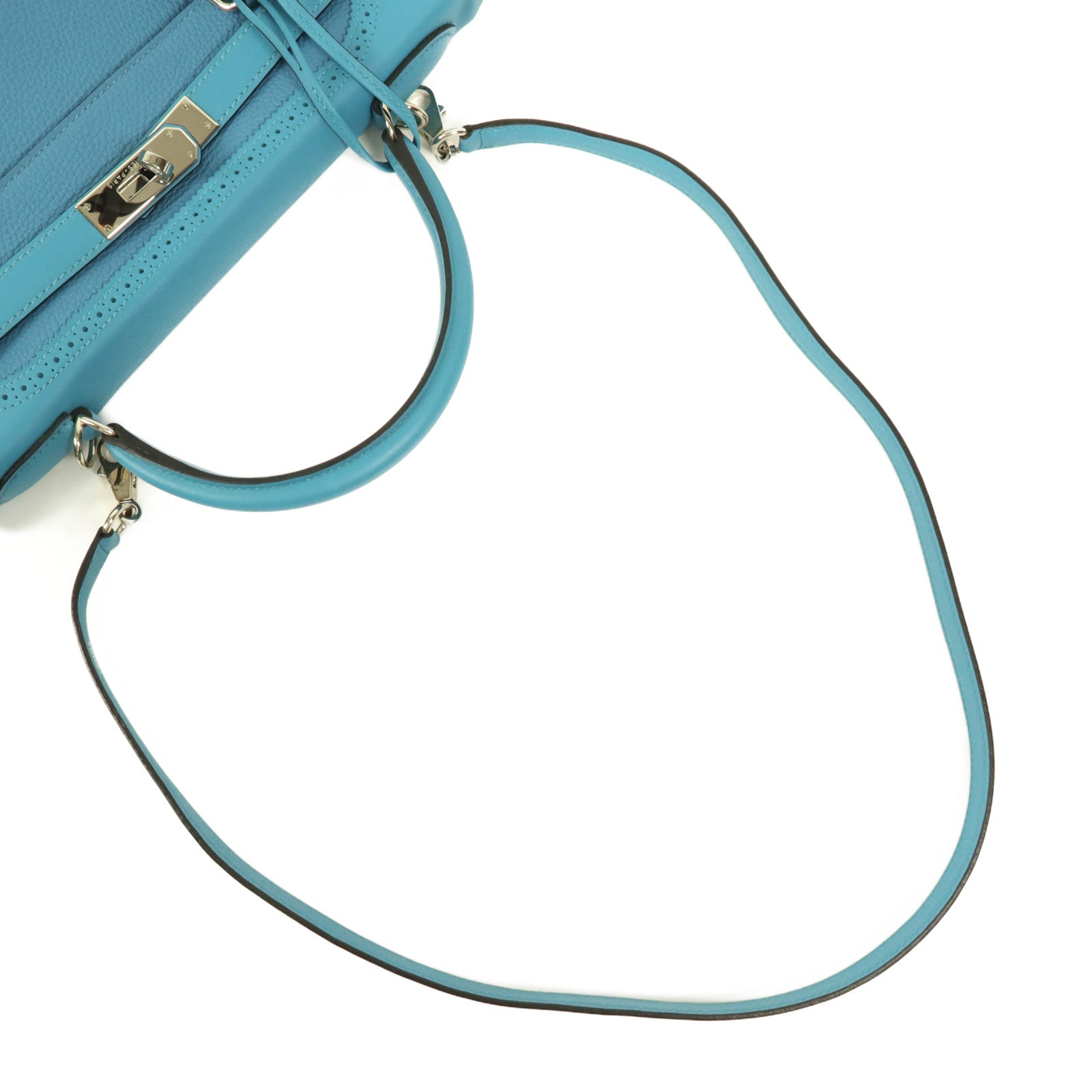 HERMES Togo皮革/Swift皮革Kelly Ghillies 32銀扣手挽肩背兩用袋Turquoise