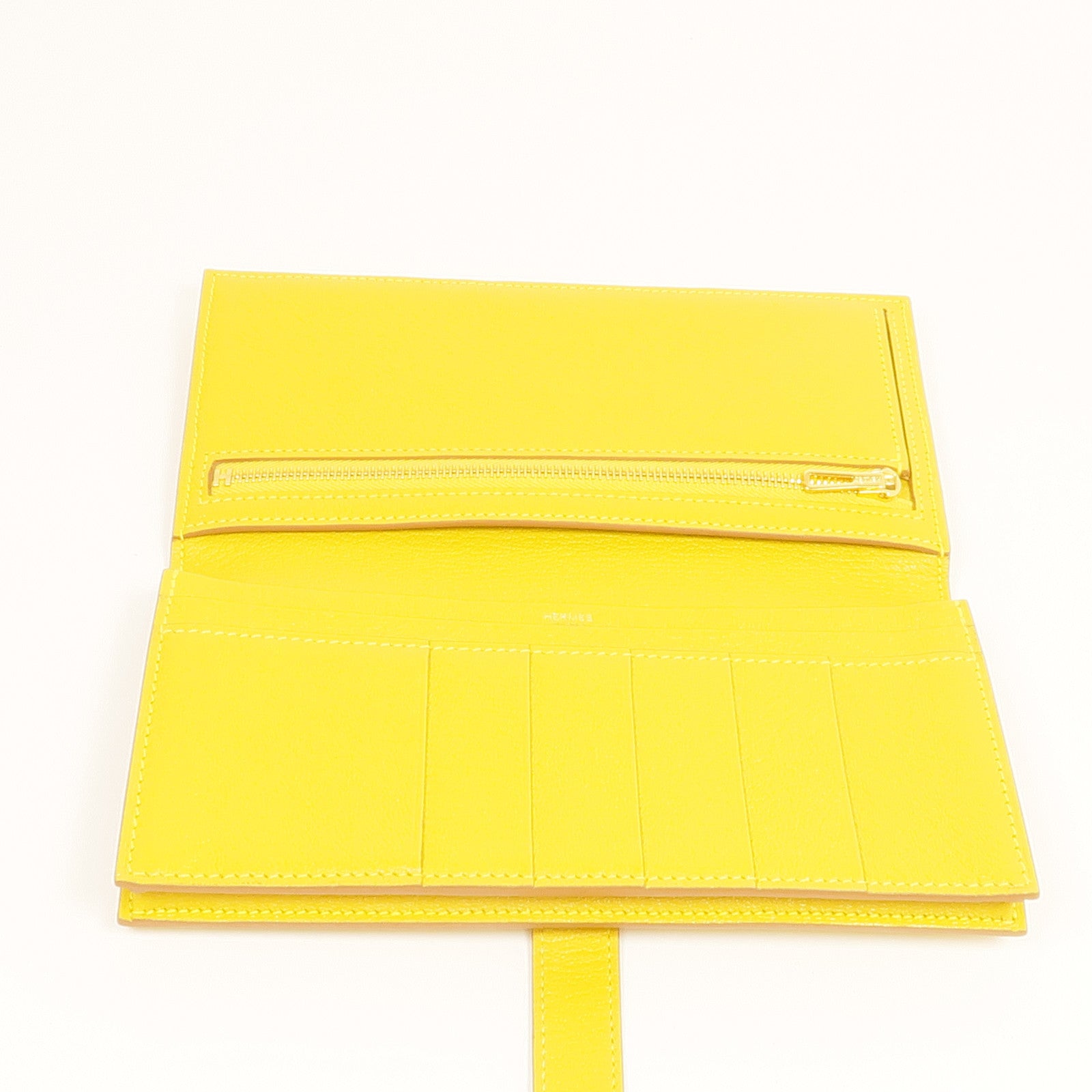 HERMES Chevre皮革Bearn Long Wallet金扣長錢包Jaune Ambre