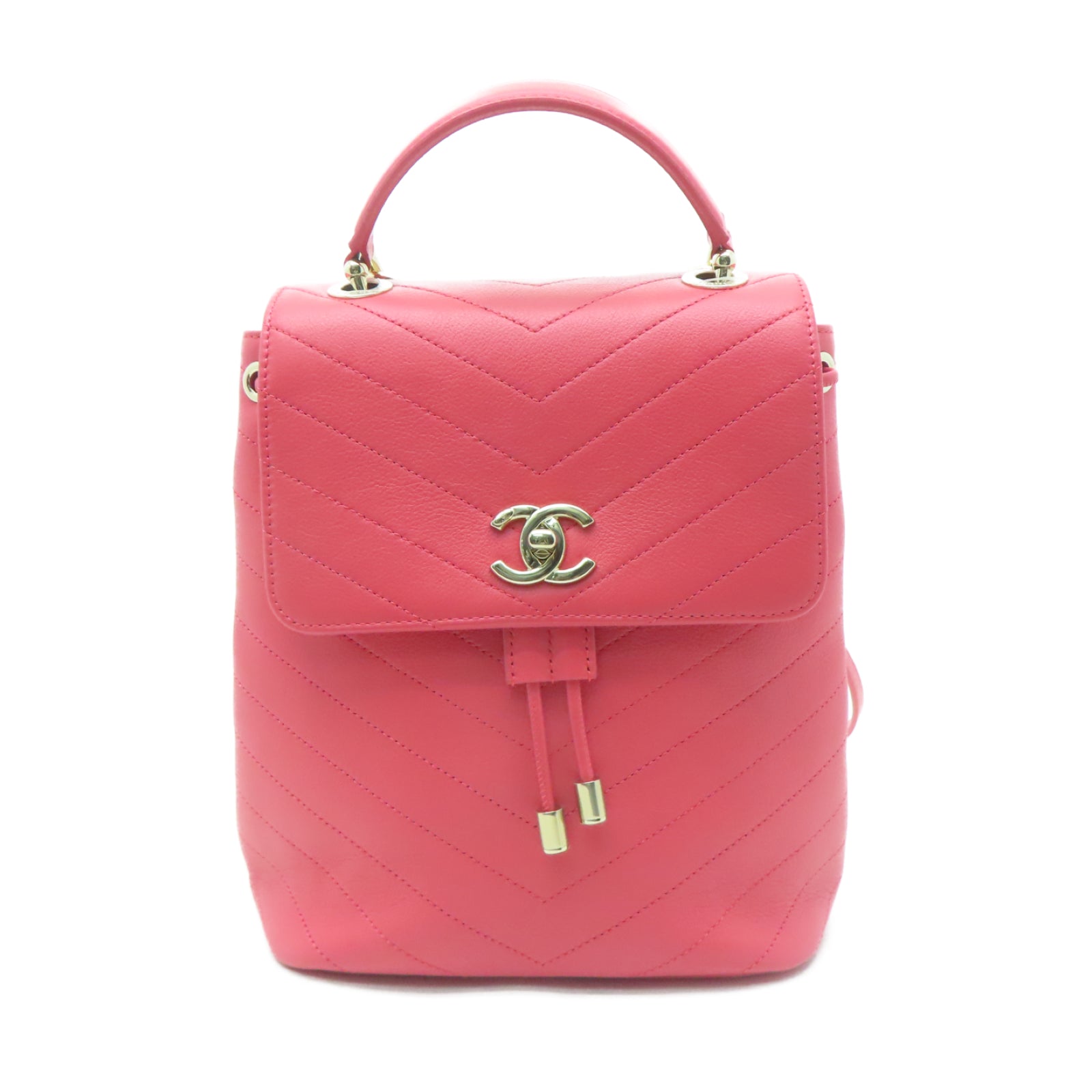 CHANEL 【激減優惠】斜紋牛皮皮革Backpack金扣背包粉紅色