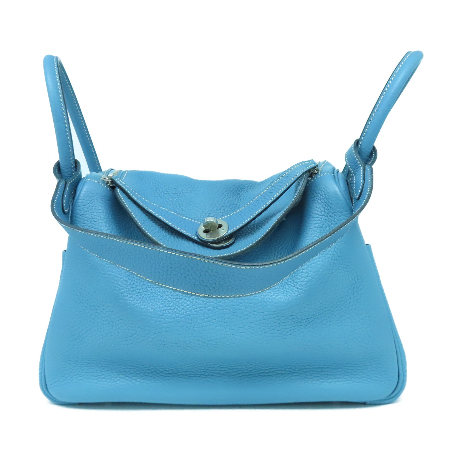 HERMES 【清倉大減價】Taurillon Clemence Lindy 30銀扣手挽肩背兩用袋Blue Jean藍色