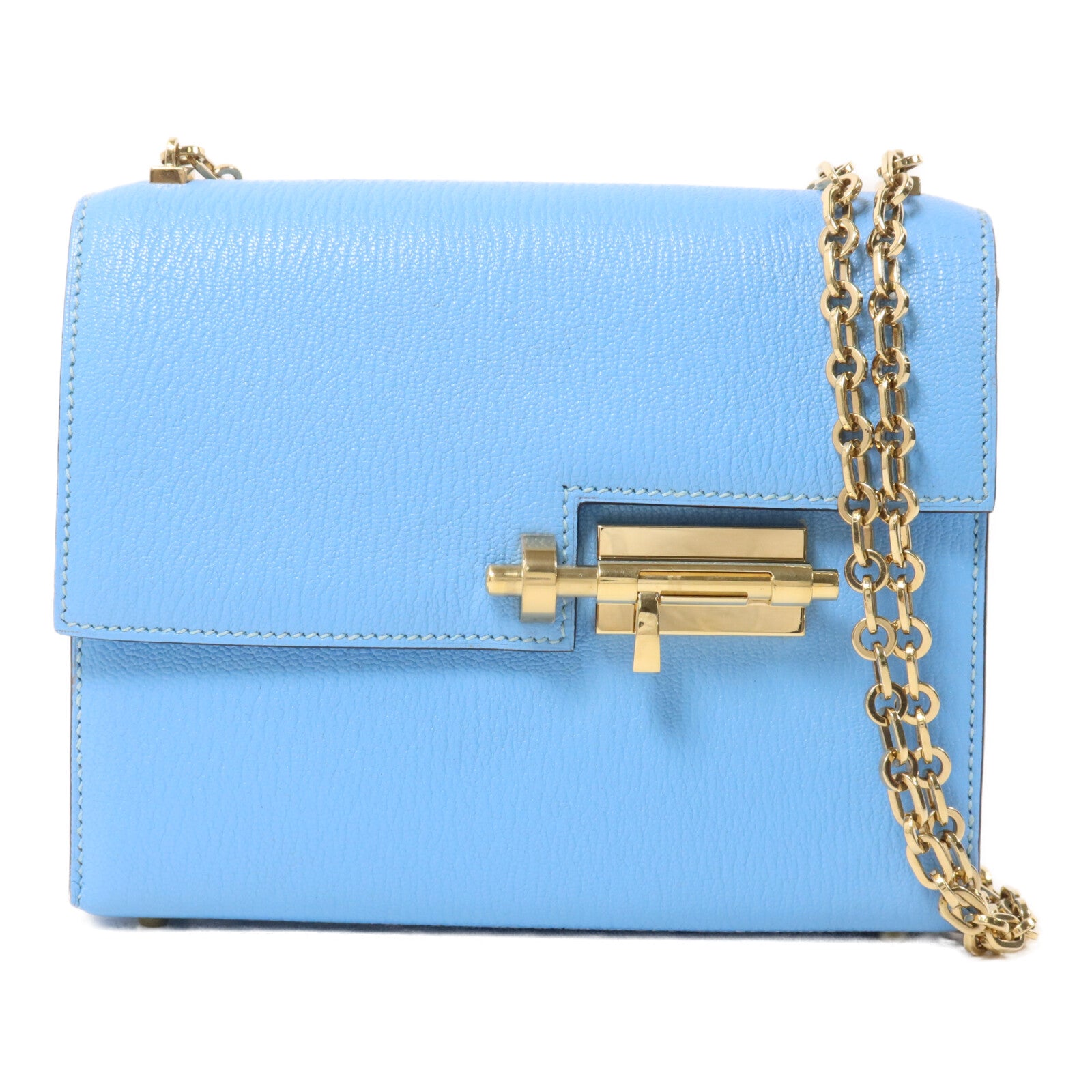 HERMES Chevre皮革Verrou Mini鏈帶肩背袋Celeste