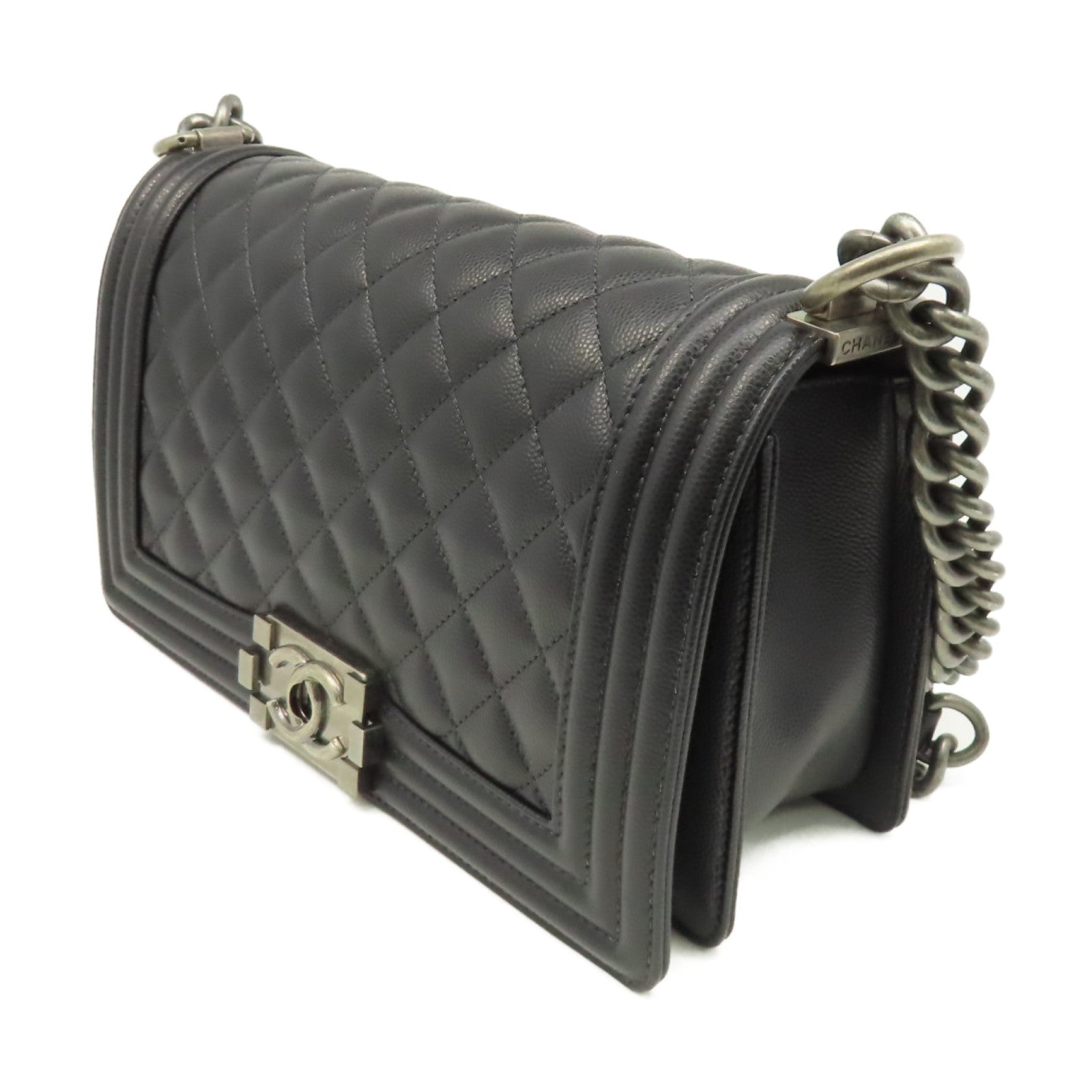 CHANEL 【激減優惠】菱格Caviar皮革Boy Chanel 25 Chain Shoulder Bag銀扣鏈帶肩背袋黑色