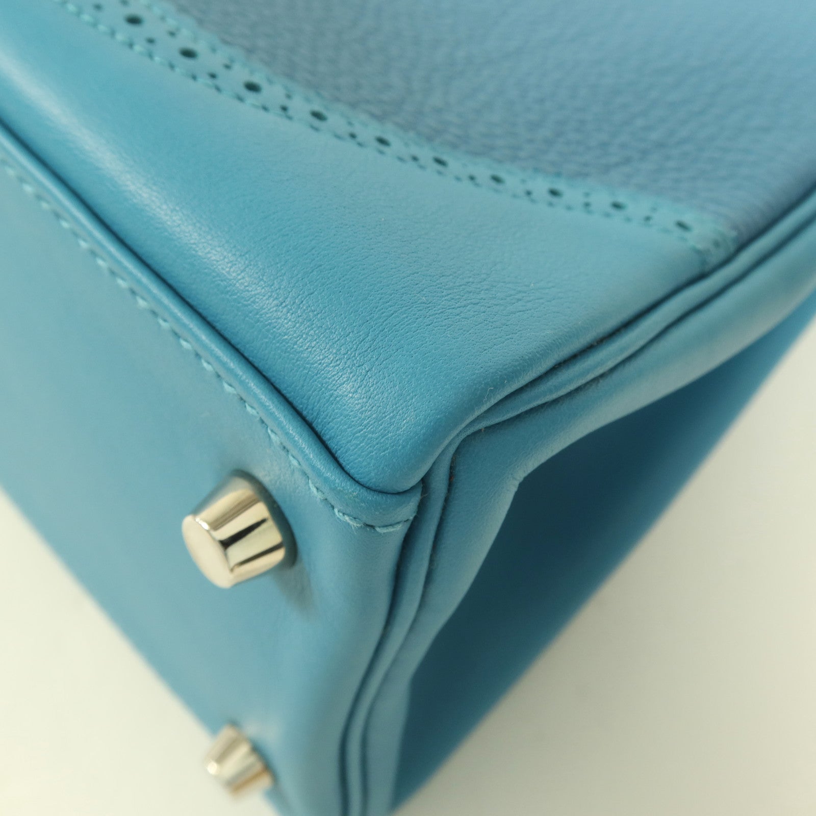 HERMES Togo皮革/Swift皮革Kelly Ghillies 32銀扣手挽肩背兩用袋Turquoise