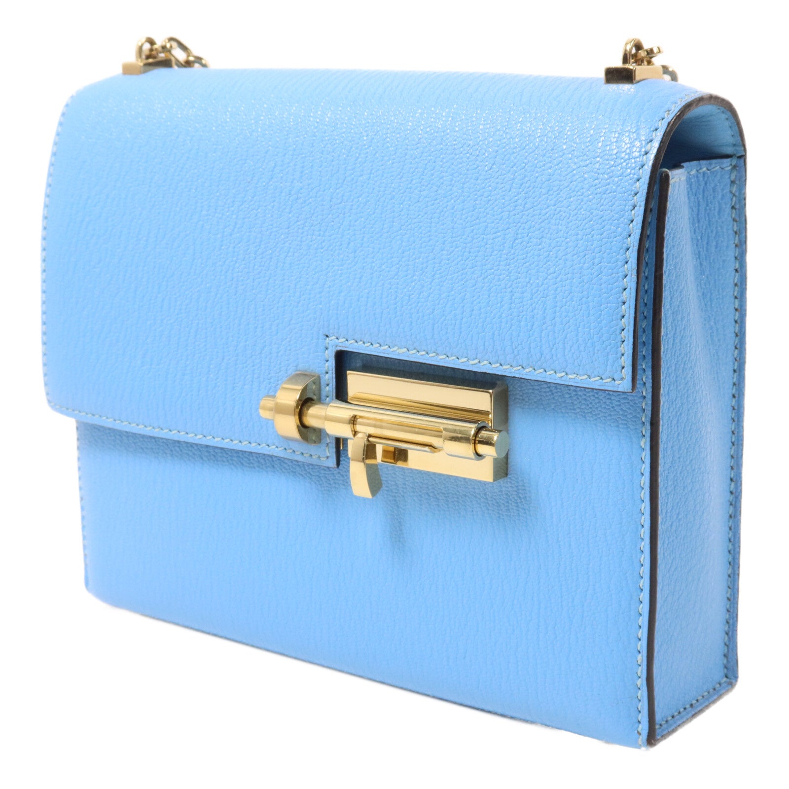 HERMES Chevre皮革Verrou Mini鏈帶肩背袋Celeste