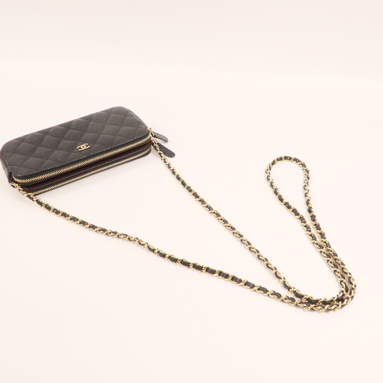 CHANEL 牛皮皮革Double Zip Clutch金扣鏈帶肩背袋