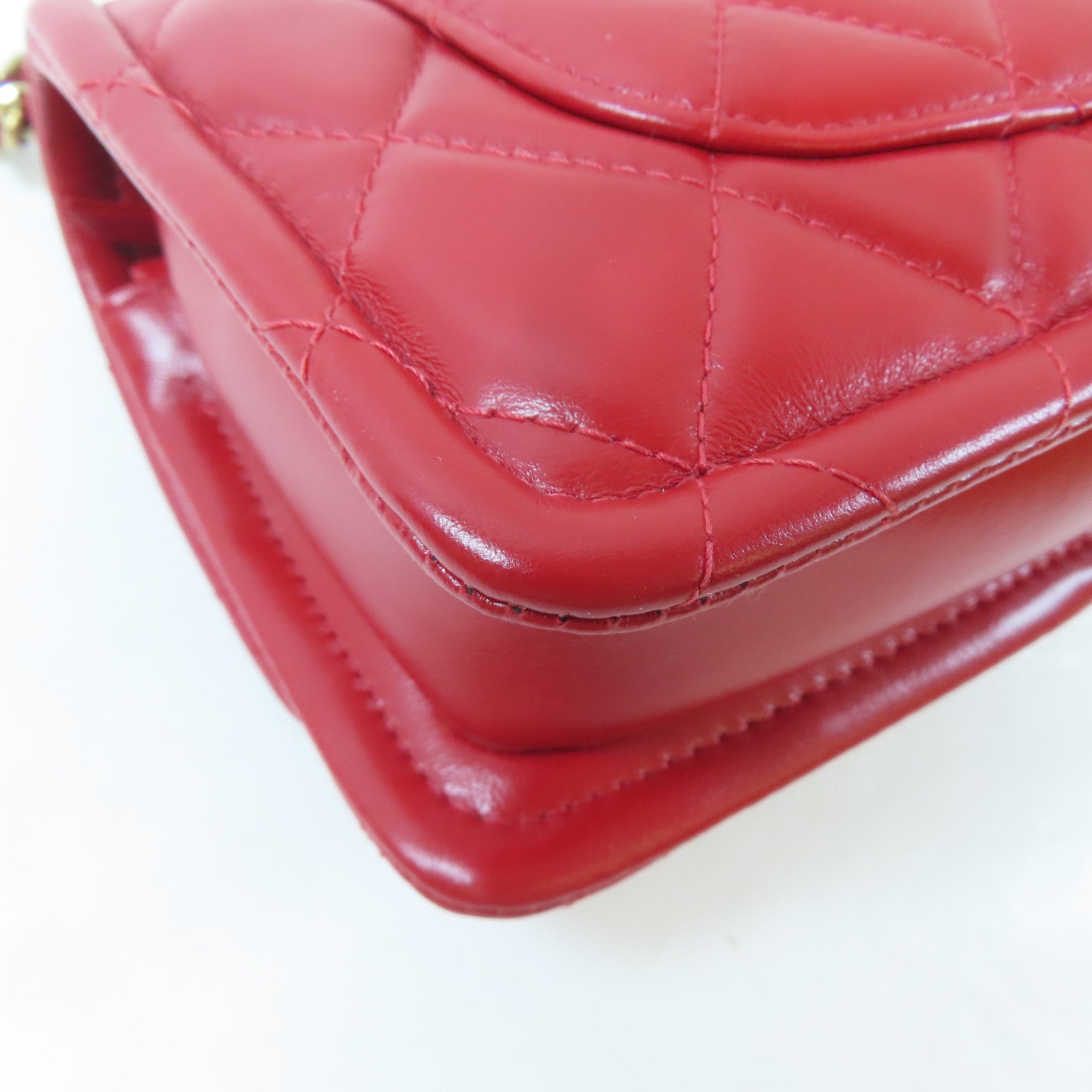 CHANEL 菱格羊皮皮革Chain Shoulder金扣鏈帶肩背袋紅色