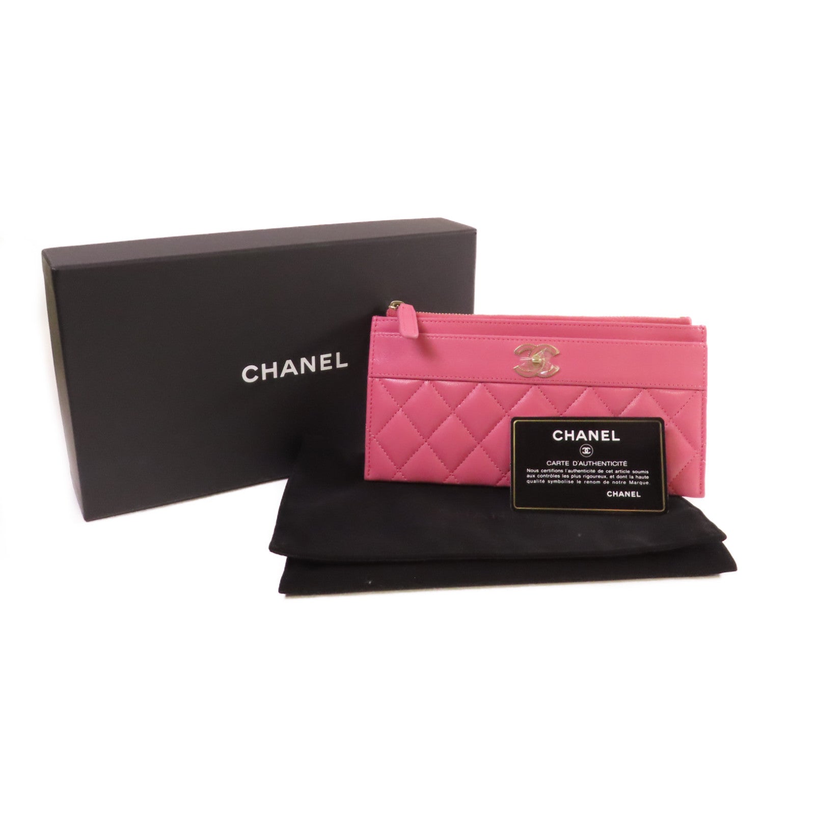 CHANEL 菱格羊皮皮革Long Wallet金扣長錢包粉紅色
