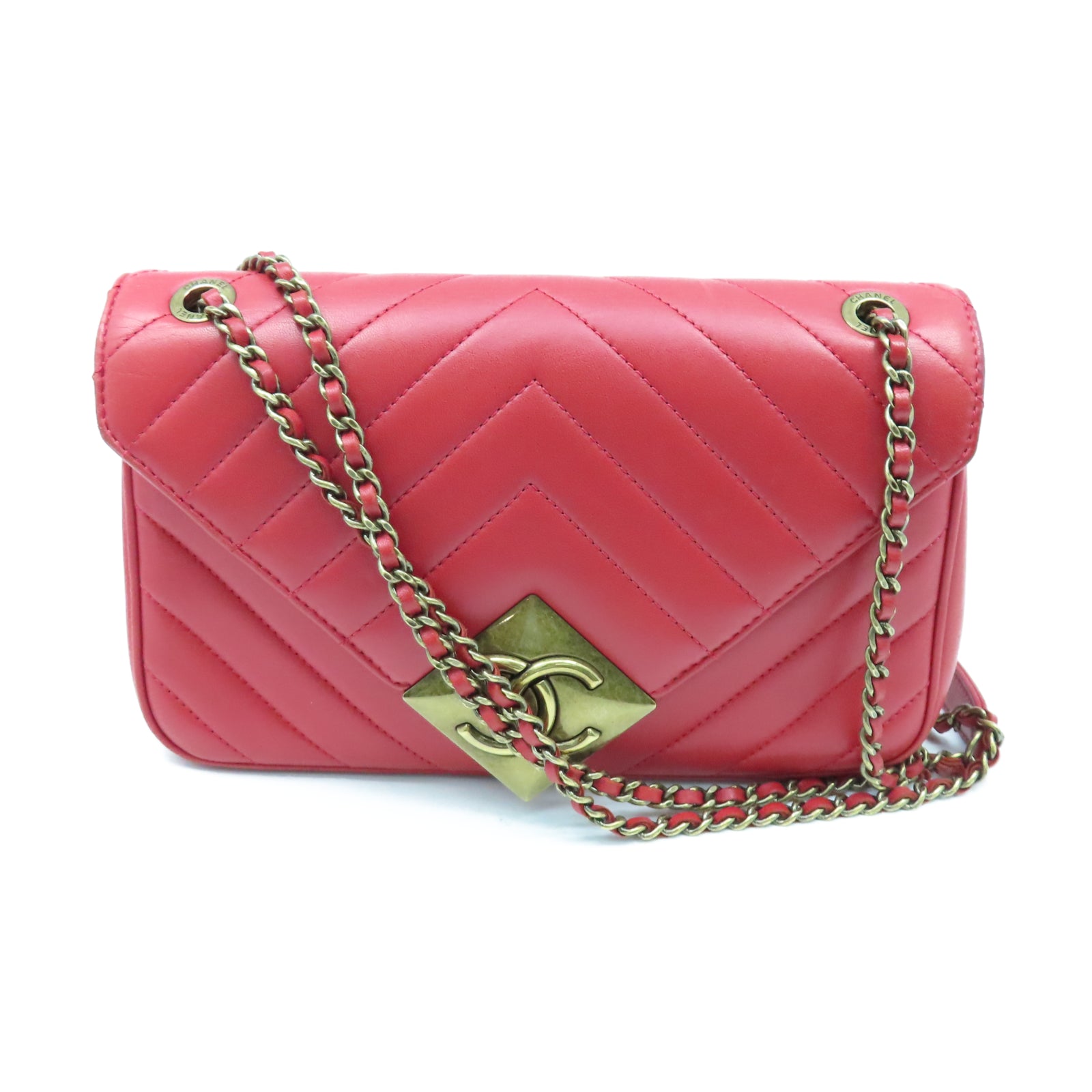 CHANEL 【清倉大減價】斜紋牛皮皮革Shoulder Bag金扣鏈帶肩背袋紅色