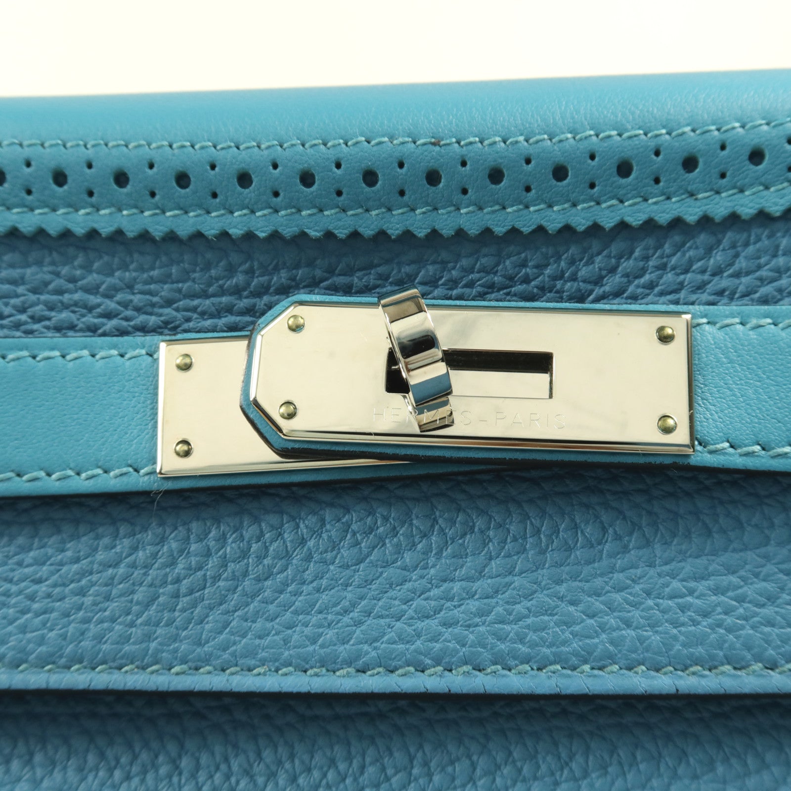 HERMES Togo皮革/Swift皮革Kelly Ghillies 32銀扣手挽肩背兩用袋Turquoise