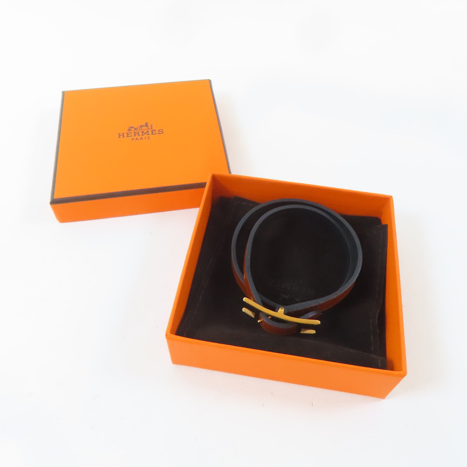 HERMES 牛皮皮革Behapi Double Tour Bracelet金扣手鐲啡色