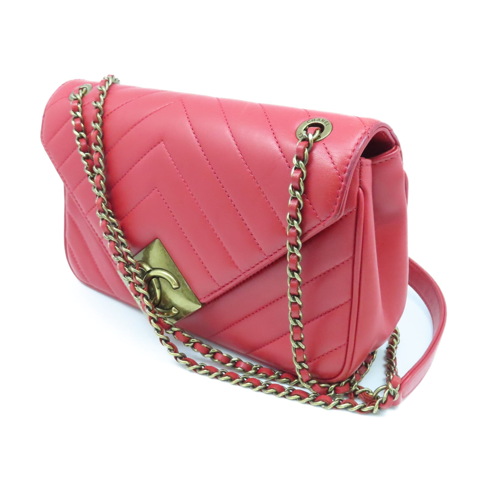 CHANEL 【清倉大減價】斜紋牛皮皮革Shoulder Bag金扣鏈帶肩背袋紅色