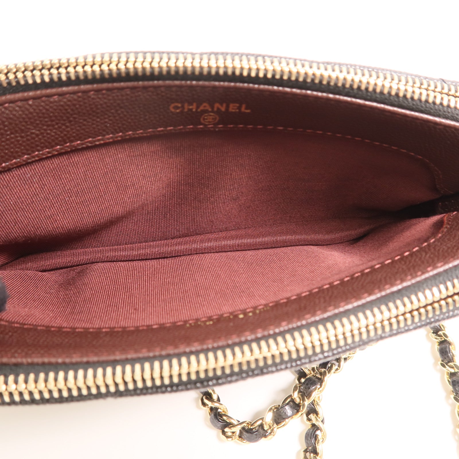 CHANEL 牛皮皮革Double Zip Clutch金扣鏈帶肩背袋
