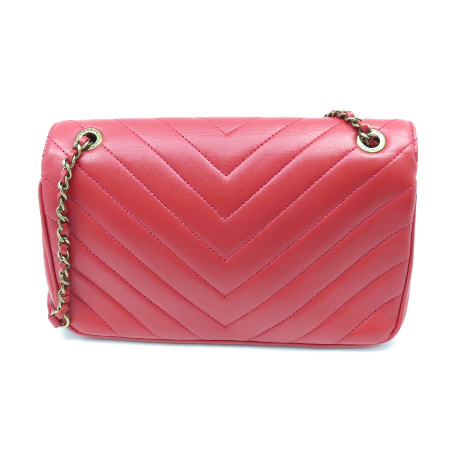 CHANEL 【清倉大減價】斜紋牛皮皮革Shoulder Bag金扣鏈帶肩背袋紅色