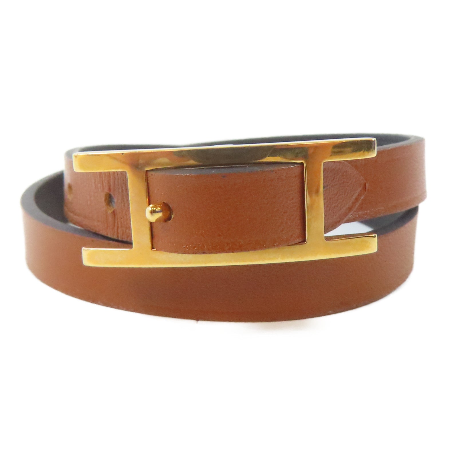 HERMES 牛皮皮革Behapi Double Tour Bracelet金扣手鐲啡色