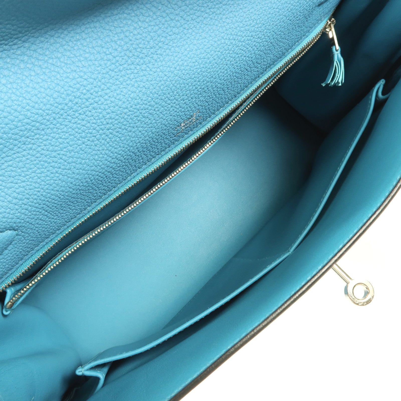 HERMES Togo皮革/Swift皮革Kelly Ghillies 32銀扣手挽肩背兩用袋Turquoise