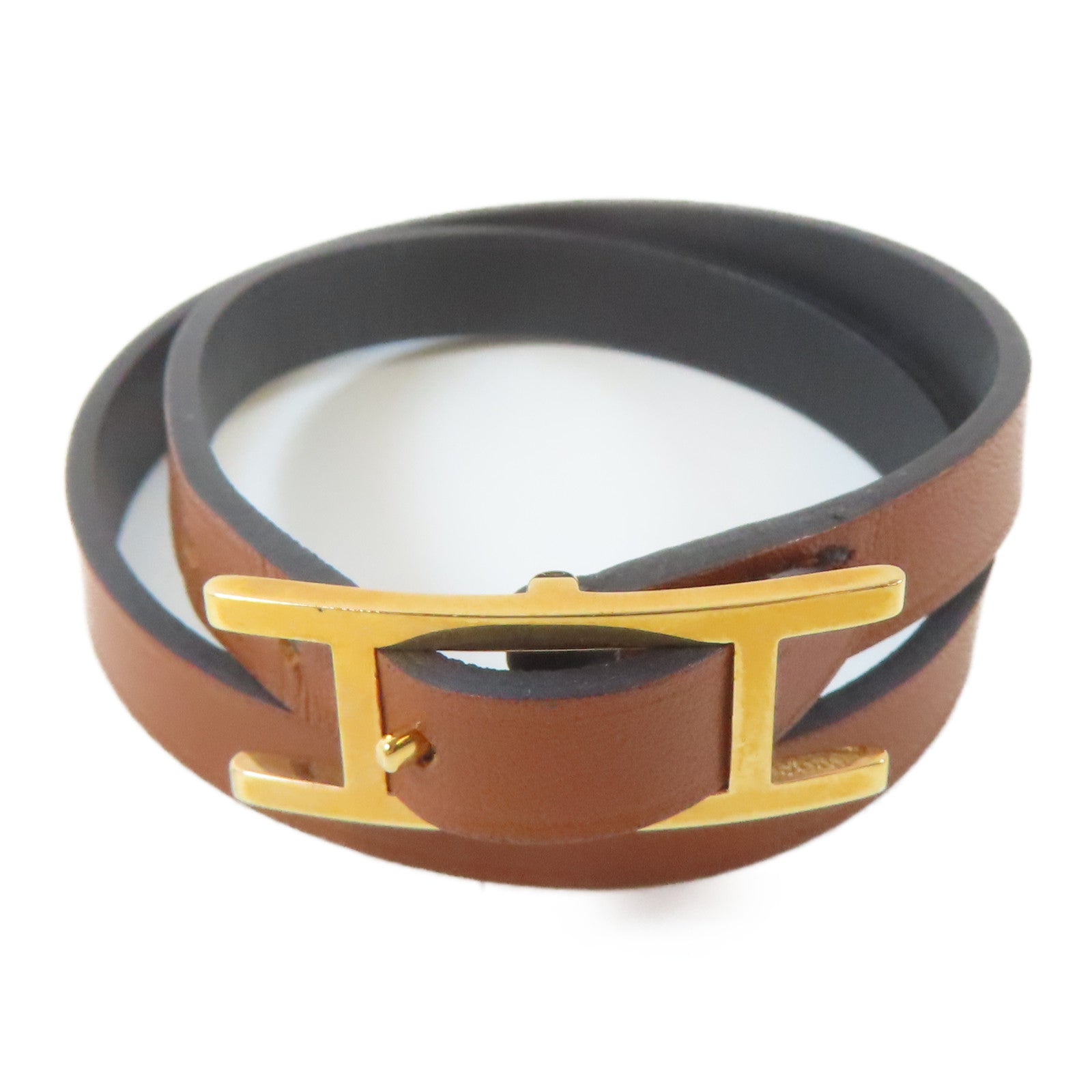 HERMES 牛皮皮革Behapi Double Tour Bracelet金扣手鐲啡色