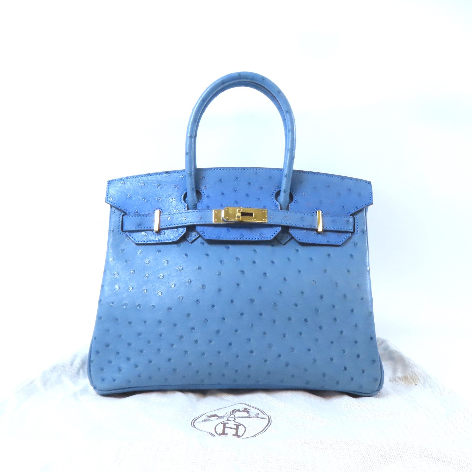 HERMES 【激減優惠】鴕鳥皮革Birkin 30金扣手挽袋藍色