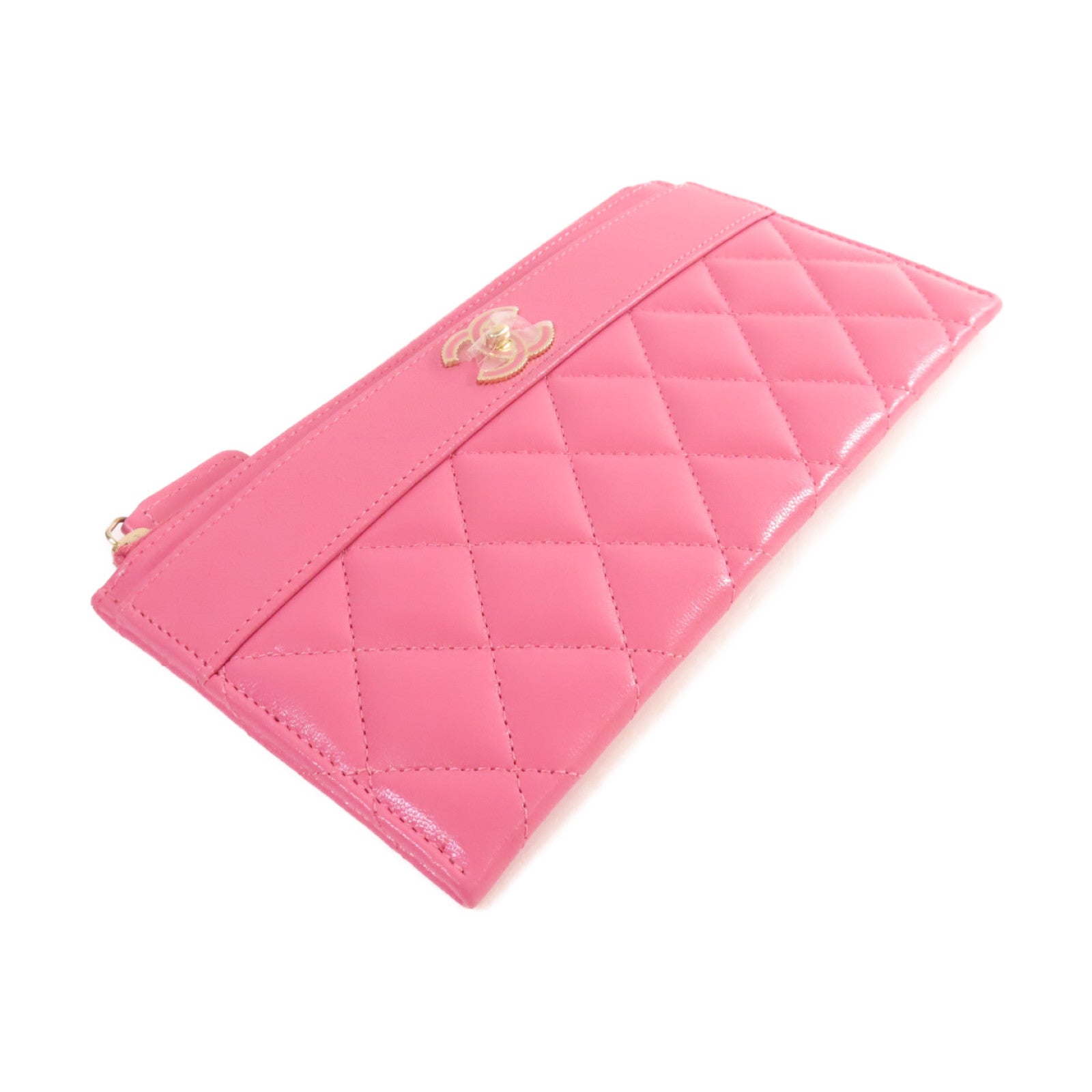 CHANEL 菱格羊皮皮革Long Wallet金扣長錢包粉紅色
