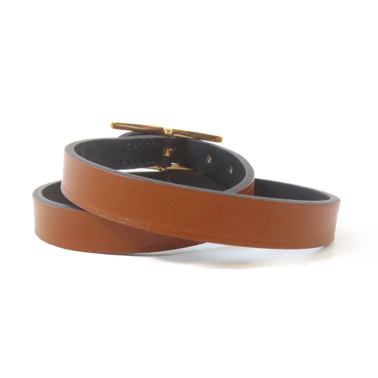 HERMES 牛皮皮革Behapi Double Tour Bracelet金扣手鐲啡色