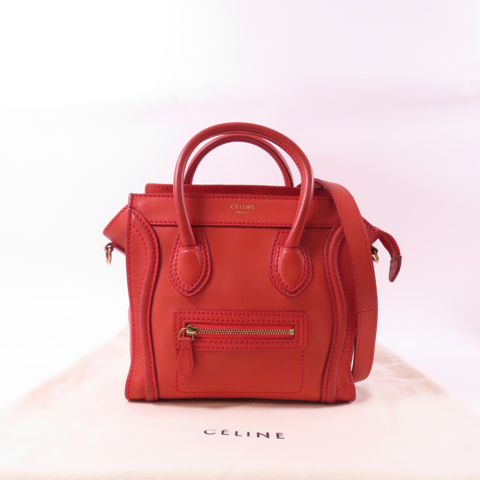 CELINE 牛皮皮革Nano Luggage金扣手挽肩背兩用袋紅色