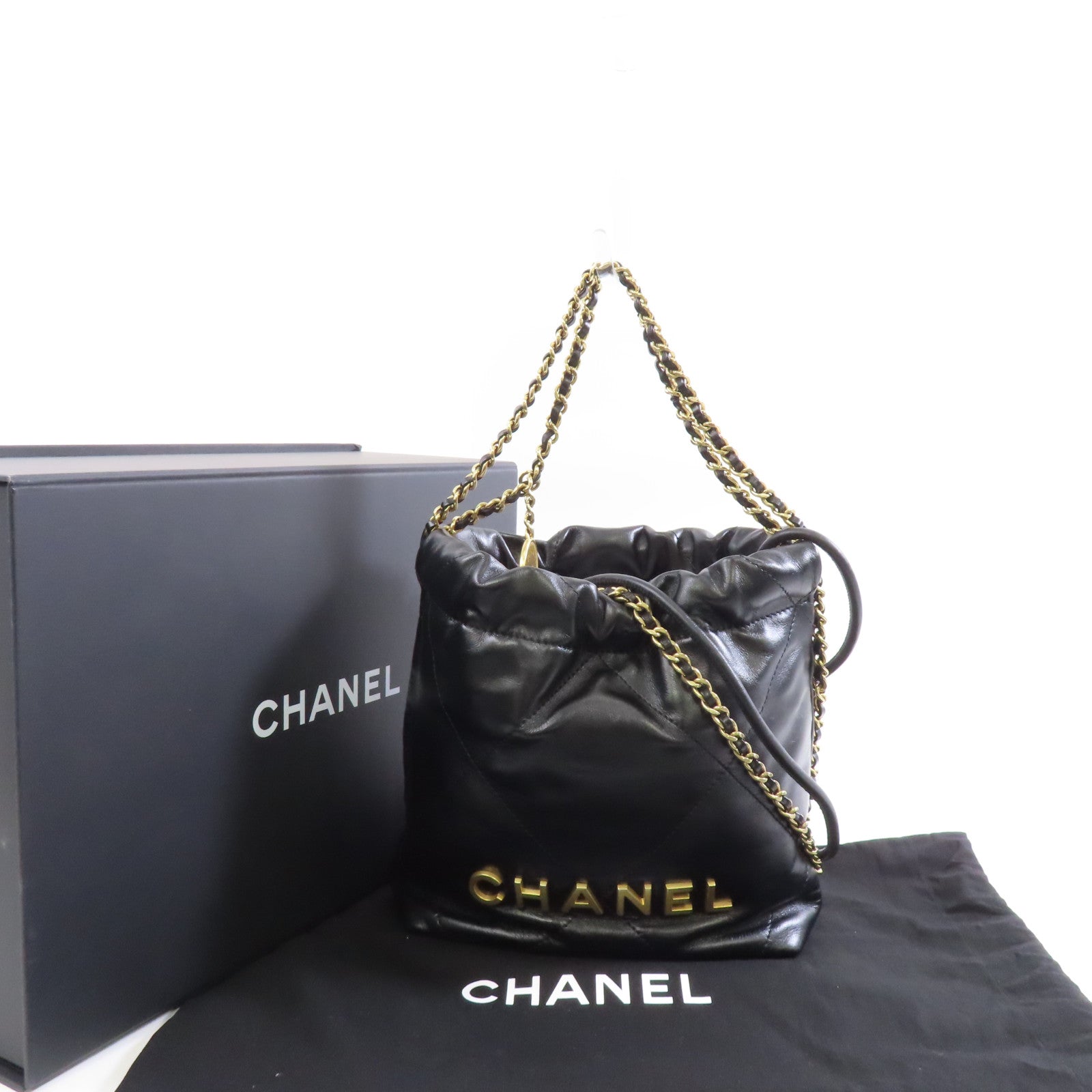 CHANEL 菱格牛皮皮革Mini 22金扣手挽肩背兩用袋黑色