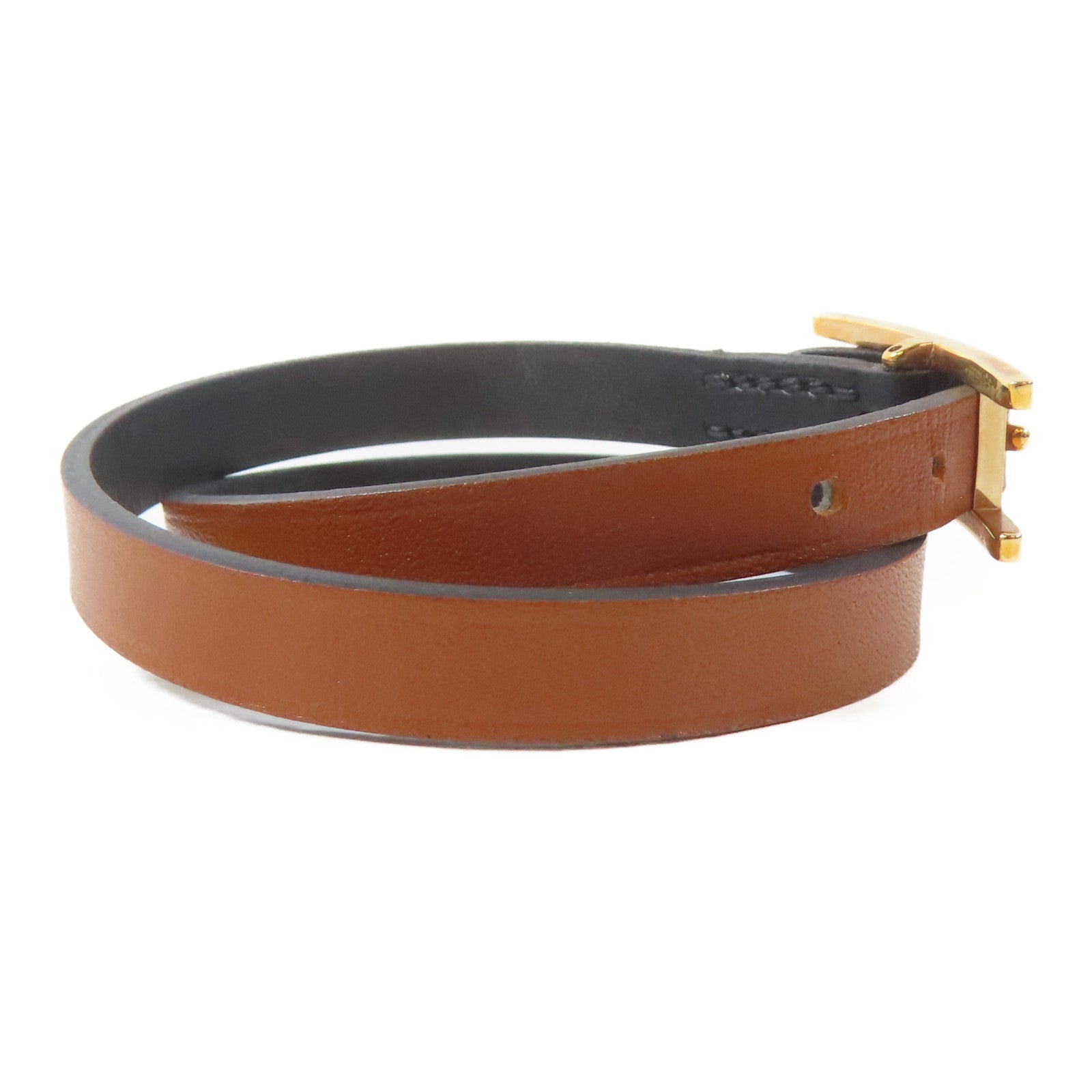 HERMES 牛皮皮革Behapi Double Tour Bracelet金扣手鐲啡色