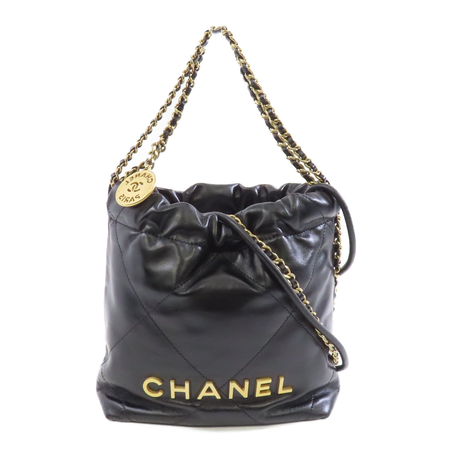 CHANEL 菱格牛皮皮革Mini 22金扣手挽肩背兩用袋黑色