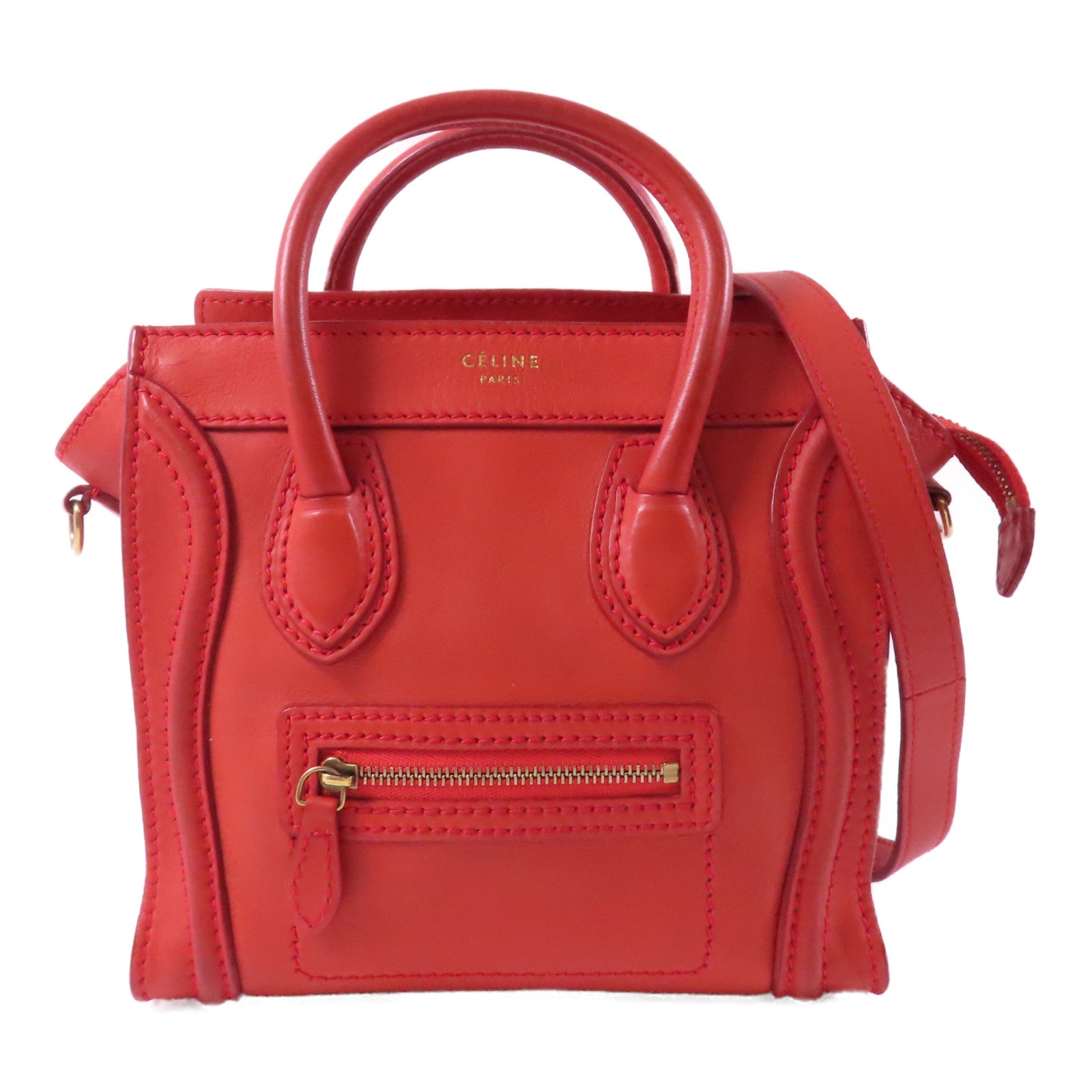 CELINE 牛皮皮革Nano Luggage金扣手挽肩背兩用袋紅色