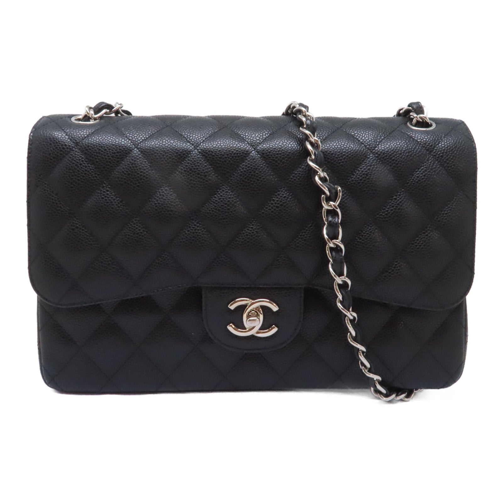 CHANEL 【激減優惠】菱格Caviar皮革Chanel Jumbo銀扣鏈帶肩背袋黑色