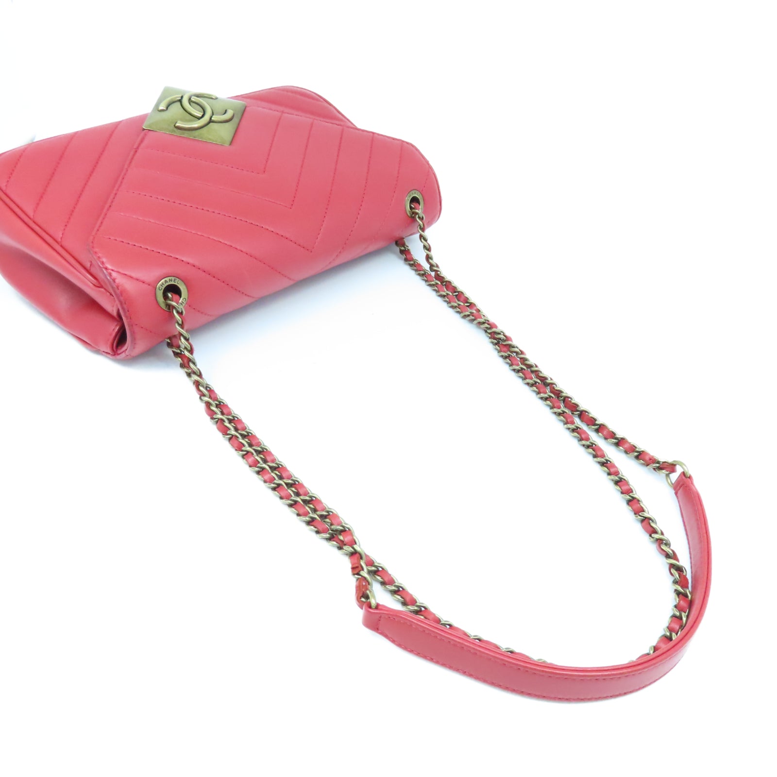 CHANEL 【清倉大減價】斜紋牛皮皮革Shoulder Bag金扣鏈帶肩背袋紅色