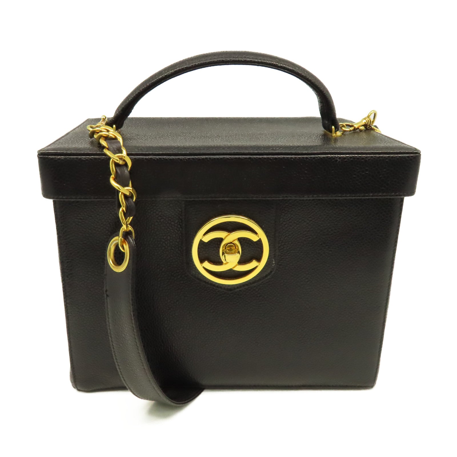 CHANEL 【清倉大減價】Caviar皮革Vintage Vanity Case 2Way Shoulder Make Bag金扣鏈帶手挽肩背兩用化妝袋黑色