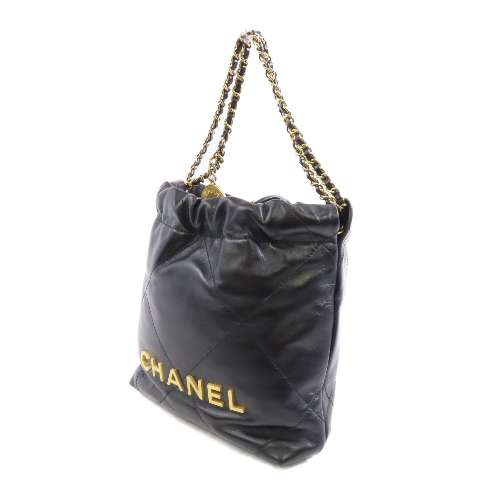 CHANEL 菱格牛皮皮革Mini 22金扣手挽肩背兩用袋黑色