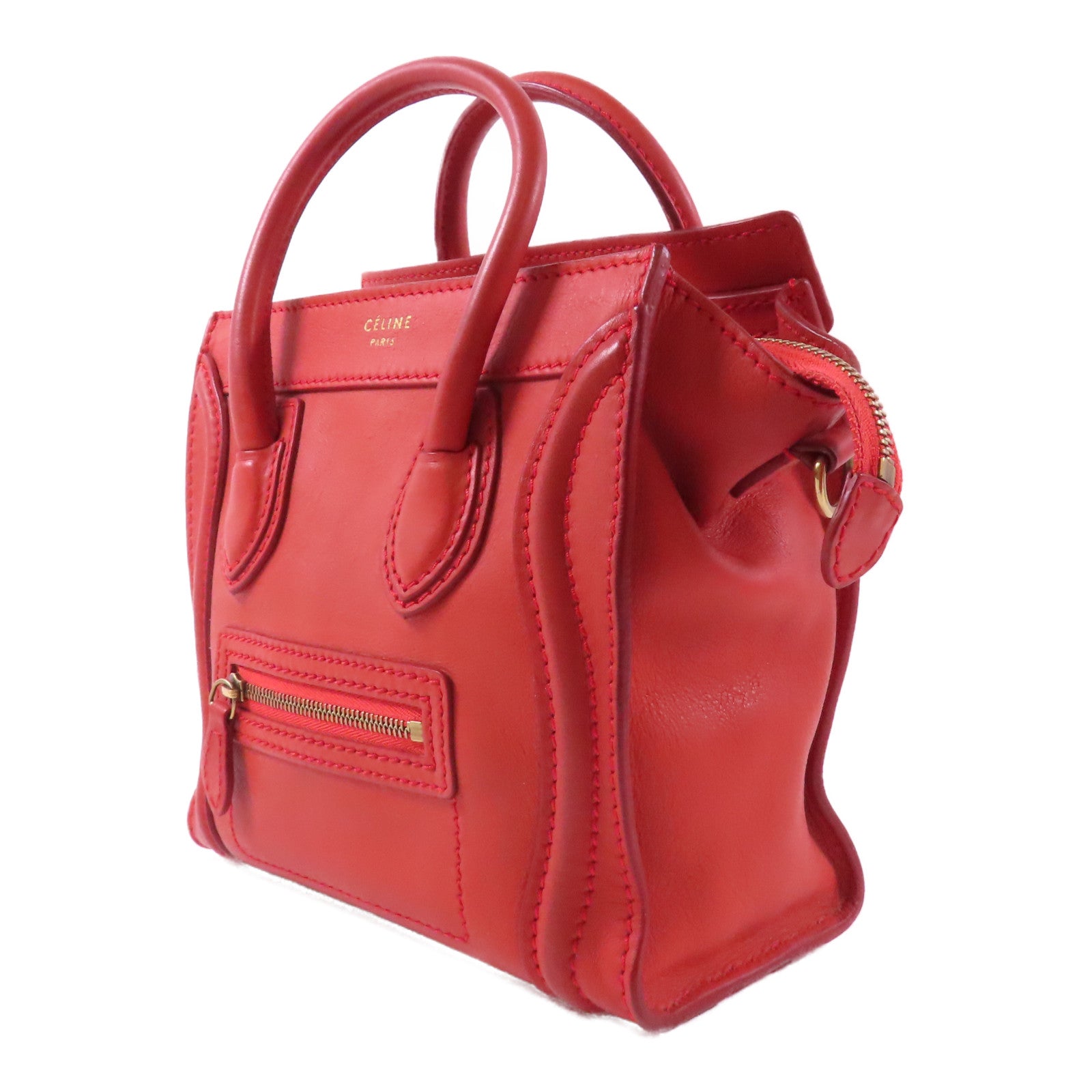 CELINE 牛皮皮革Nano Luggage金扣手挽肩背兩用袋紅色