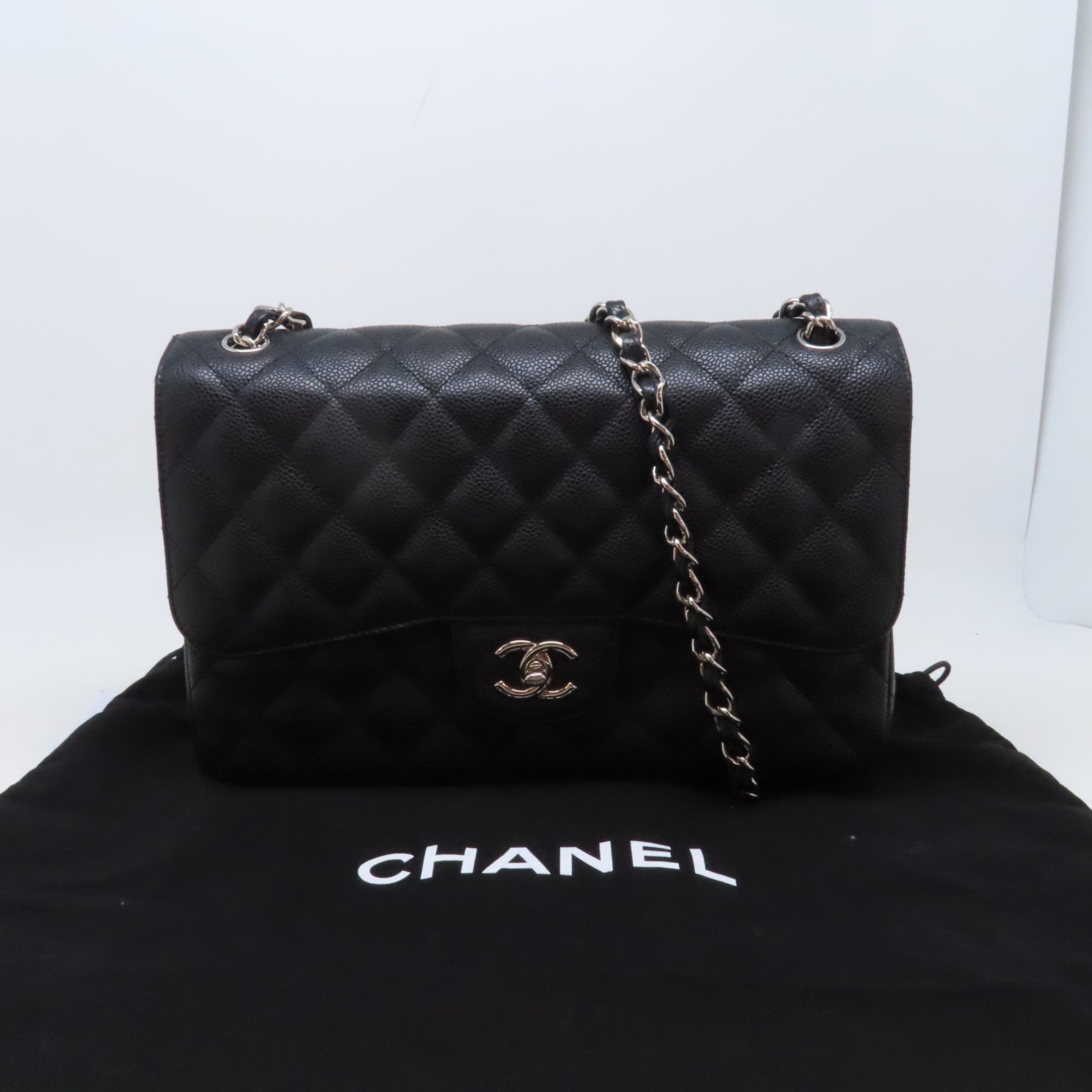 CHANEL 【激減優惠】菱格Caviar皮革Chanel Jumbo銀扣鏈帶肩背袋黑色
