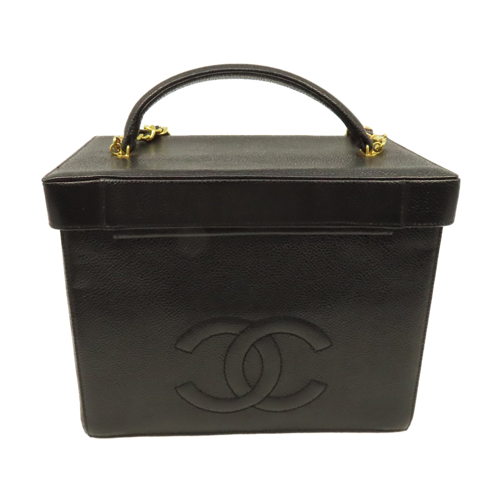 CHANEL 【清倉大減價】Caviar皮革Vintage Vanity Case 2Way Shoulder Make Bag金扣鏈帶手挽肩背兩用化妝袋黑色