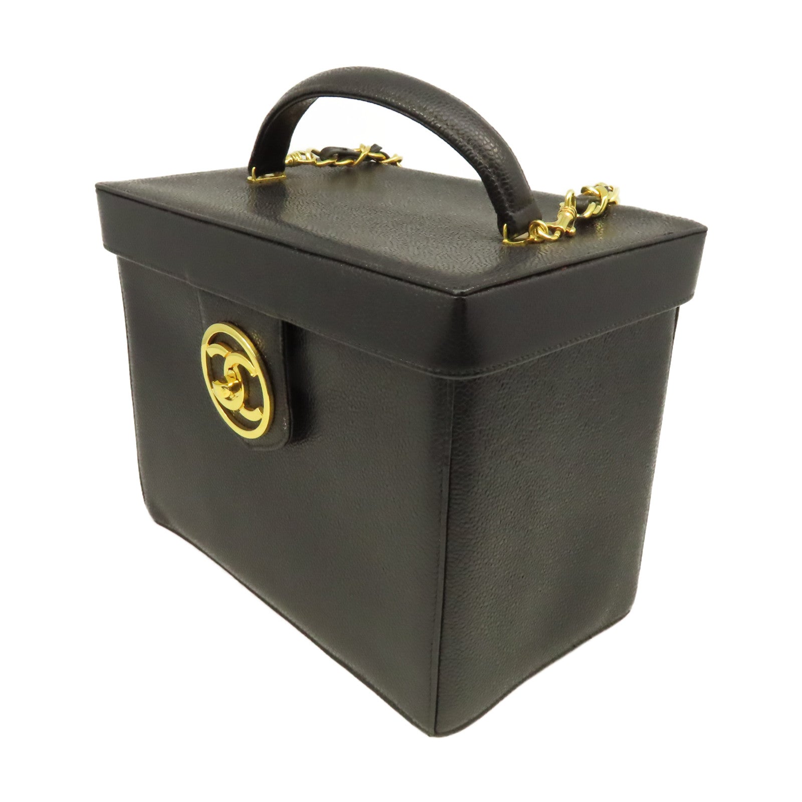CHANEL 【清倉大減價】Caviar皮革Vintage Vanity Case 2Way Shoulder Make Bag金扣鏈帶手挽肩背兩用化妝袋黑色