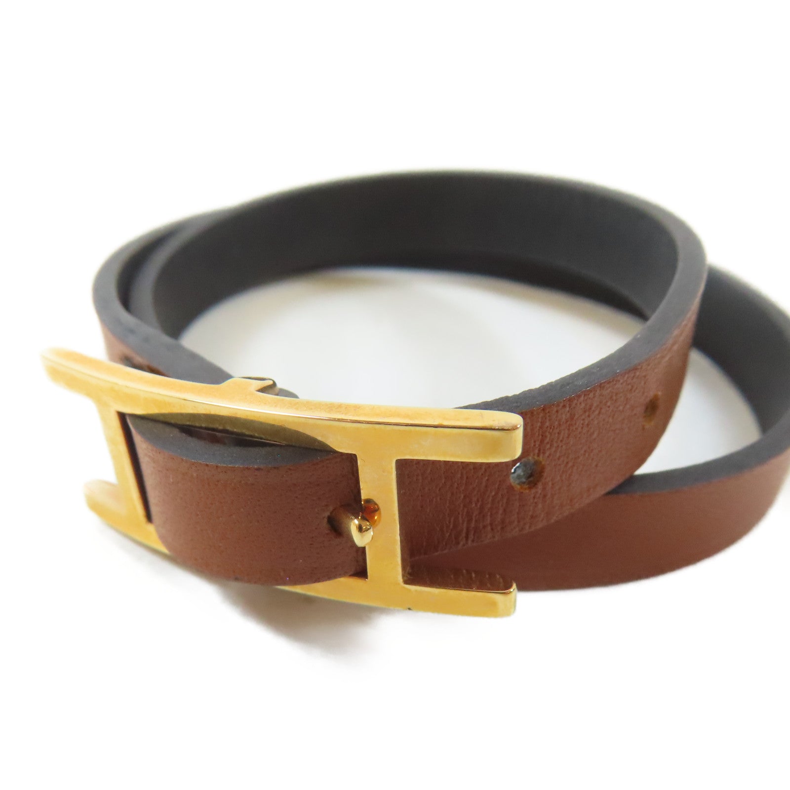HERMES 牛皮皮革Behapi Double Tour Bracelet金扣手鐲啡色