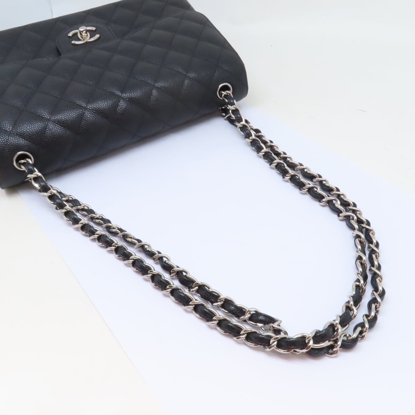 CHANEL 【激減優惠】菱格Caviar皮革Chanel Jumbo銀扣鏈帶肩背袋黑色