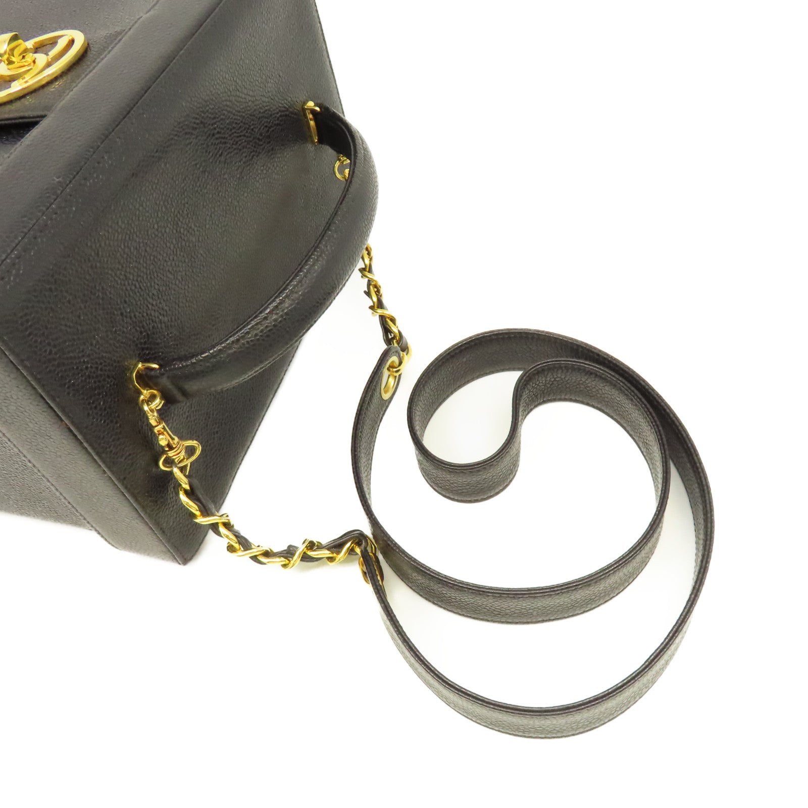 CHANEL 【清倉大減價】Caviar皮革Vintage Vanity Case 2Way Shoulder Make Bag金扣鏈帶手挽肩背兩用化妝袋黑色