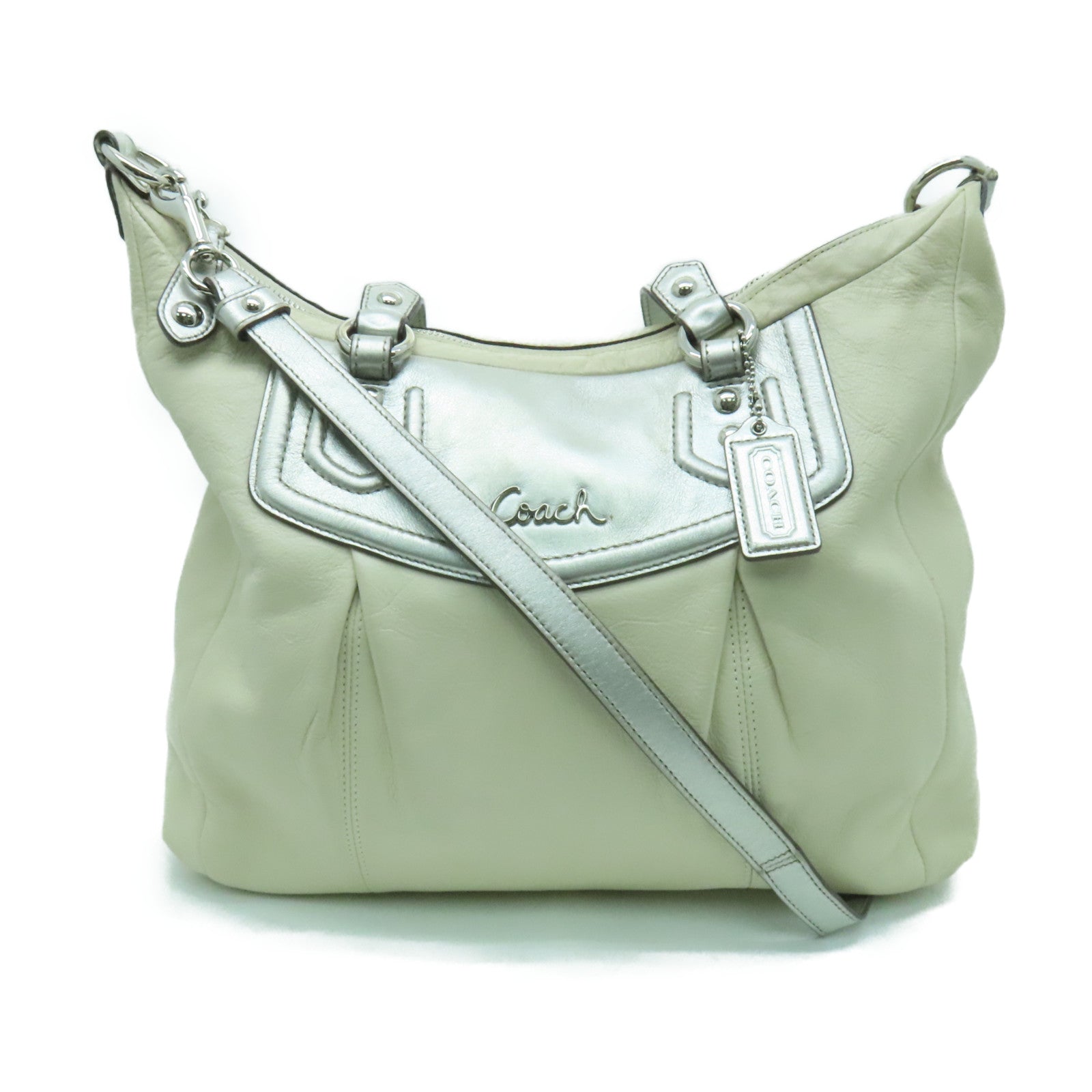 COACH 【清倉大減價】牛皮皮革2 Way Shoulder銀扣手挽肩背兩用袋白色