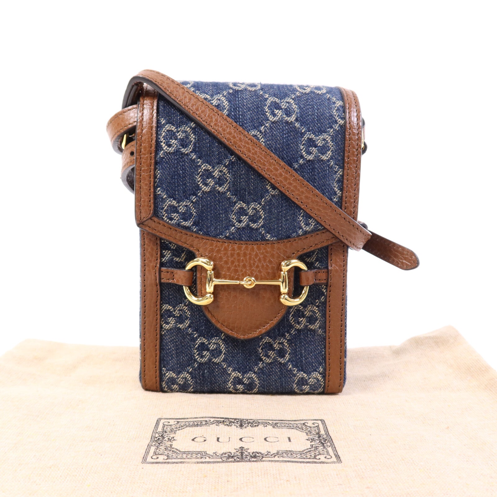 GUCCI 牛皮皮革/牛仔布Horsebit 1955 Mini金扣肩背袋