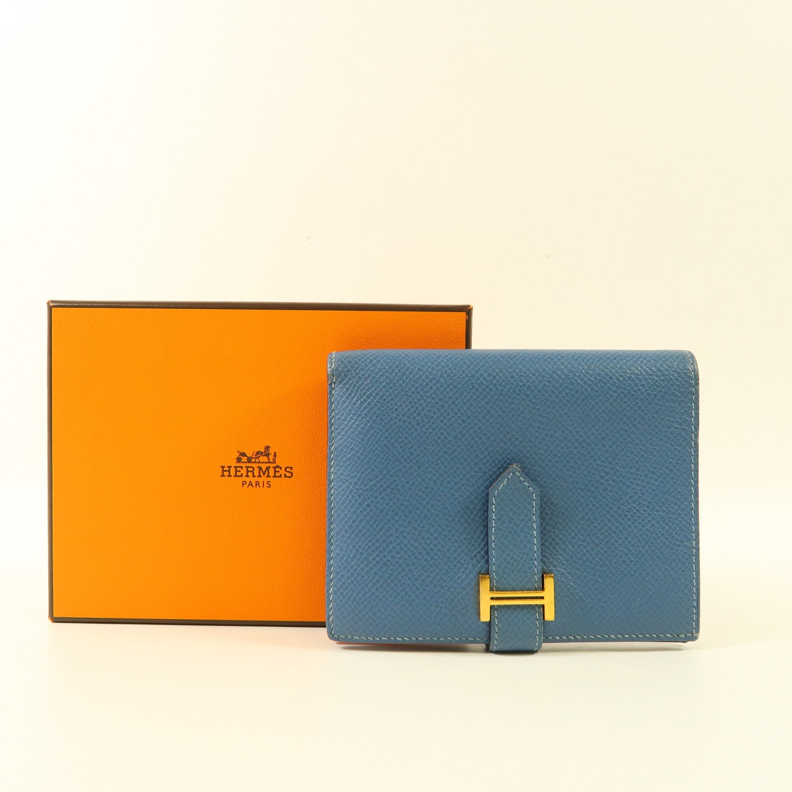 HERMES Epsom皮革Bearn Compant Wallet金扣錢包7R Bleu Azur
