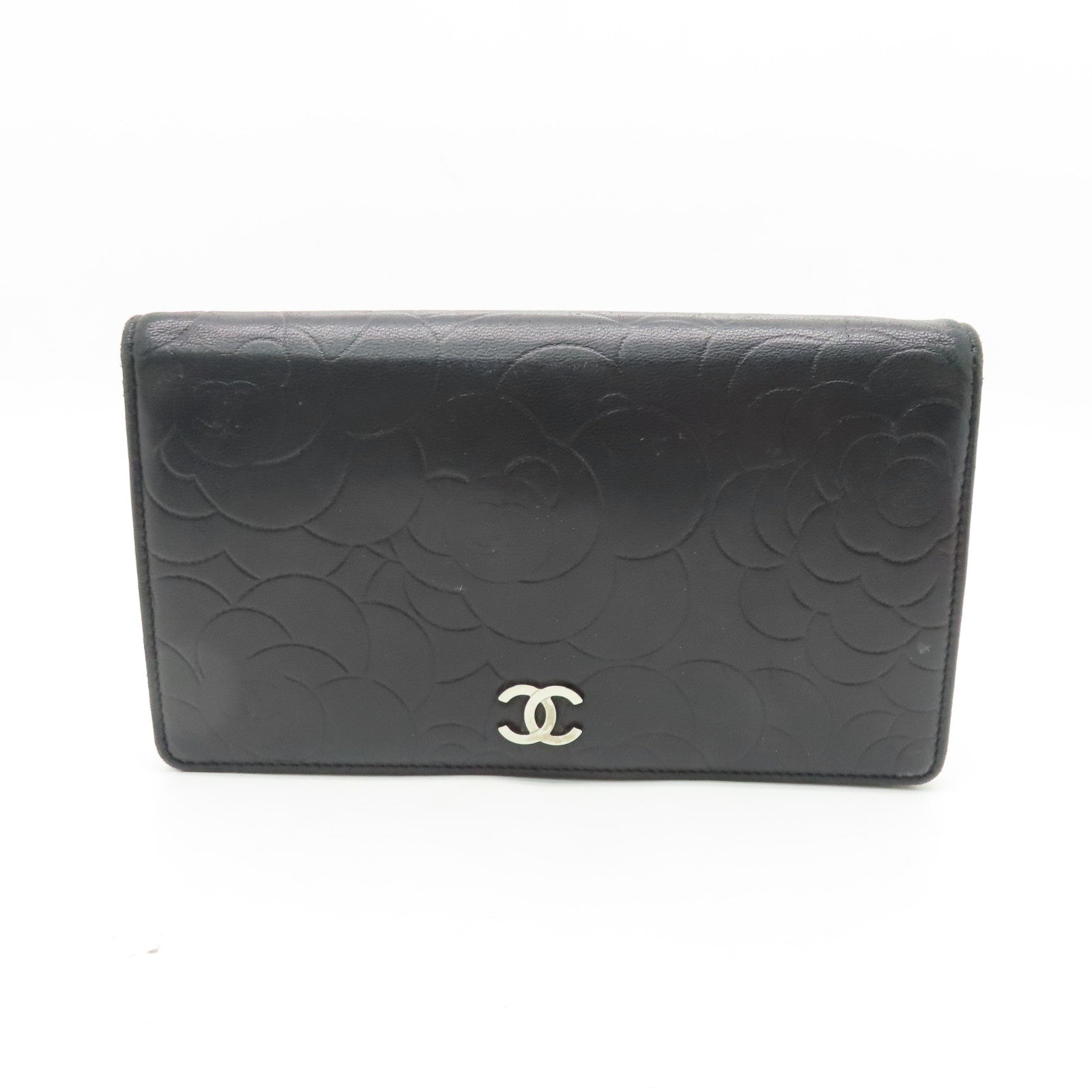 CHANEL Sheepskin Leather Long Wallet Silver Buckle Long Wallet Black