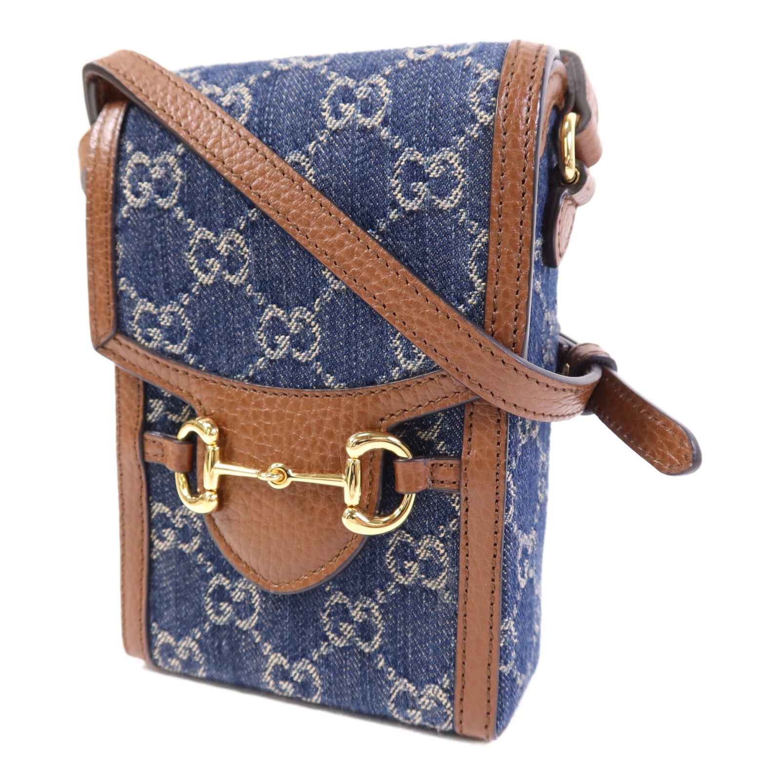 GUCCI 牛皮皮革/牛仔布Horsebit 1955 Mini金扣肩背袋